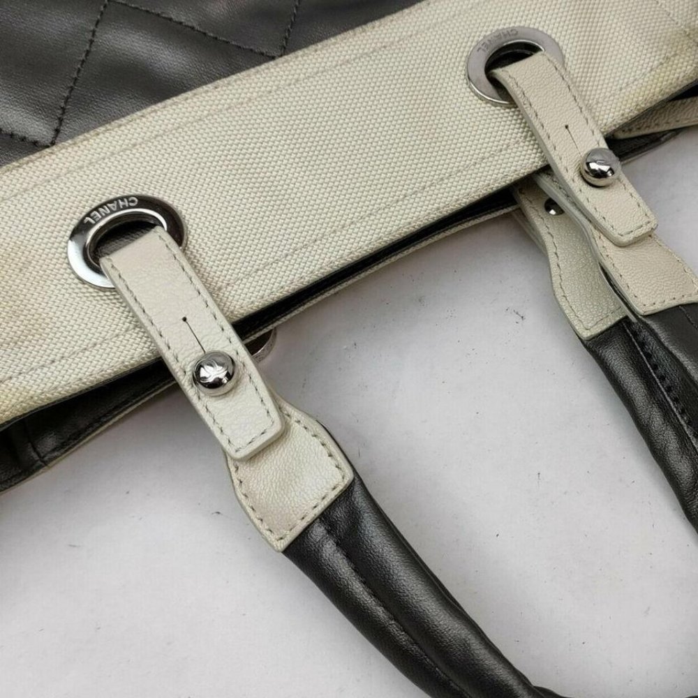 CHANEL Biarritz Paris Metallic Quilted Coated C Gray Beige Leather Canvas Tote - Picture 9 of 13